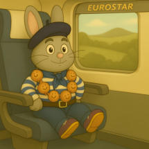 Nutty Rabbit in his french clothes rdiding on the Eurostar