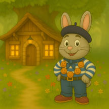 Nutty Rabbit outside his house wearing his new French clothes