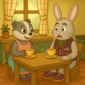 Nutty Rabbit and Madasa Badger drinking tea at the kitchen table